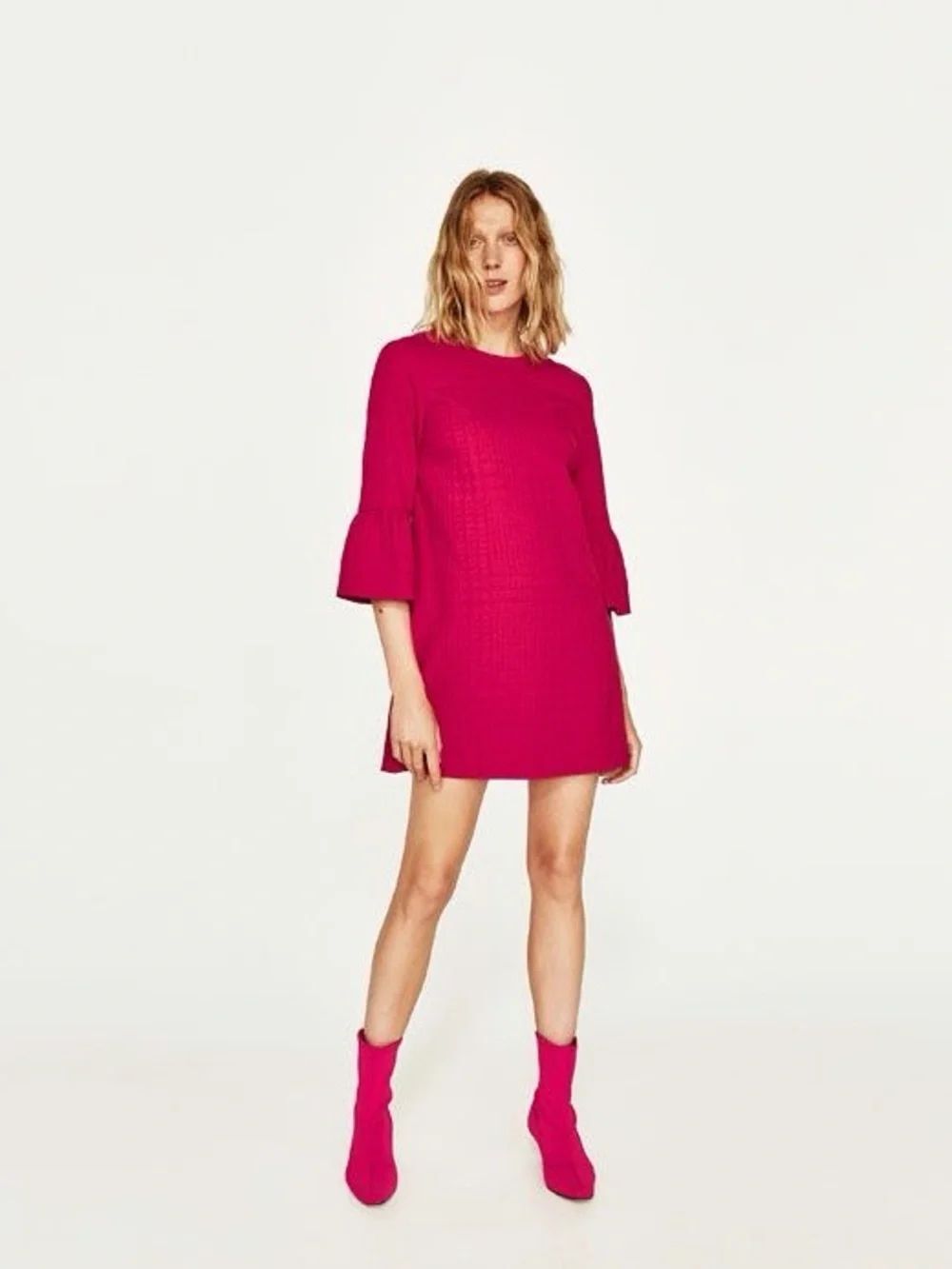 Zara Pink Fuchsia Shift Crewneck Dress with Bell Sleeves